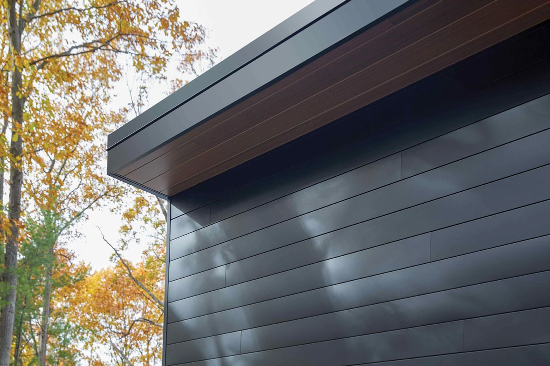 Dark fascia along a roof edge above wood soffit and dark siding