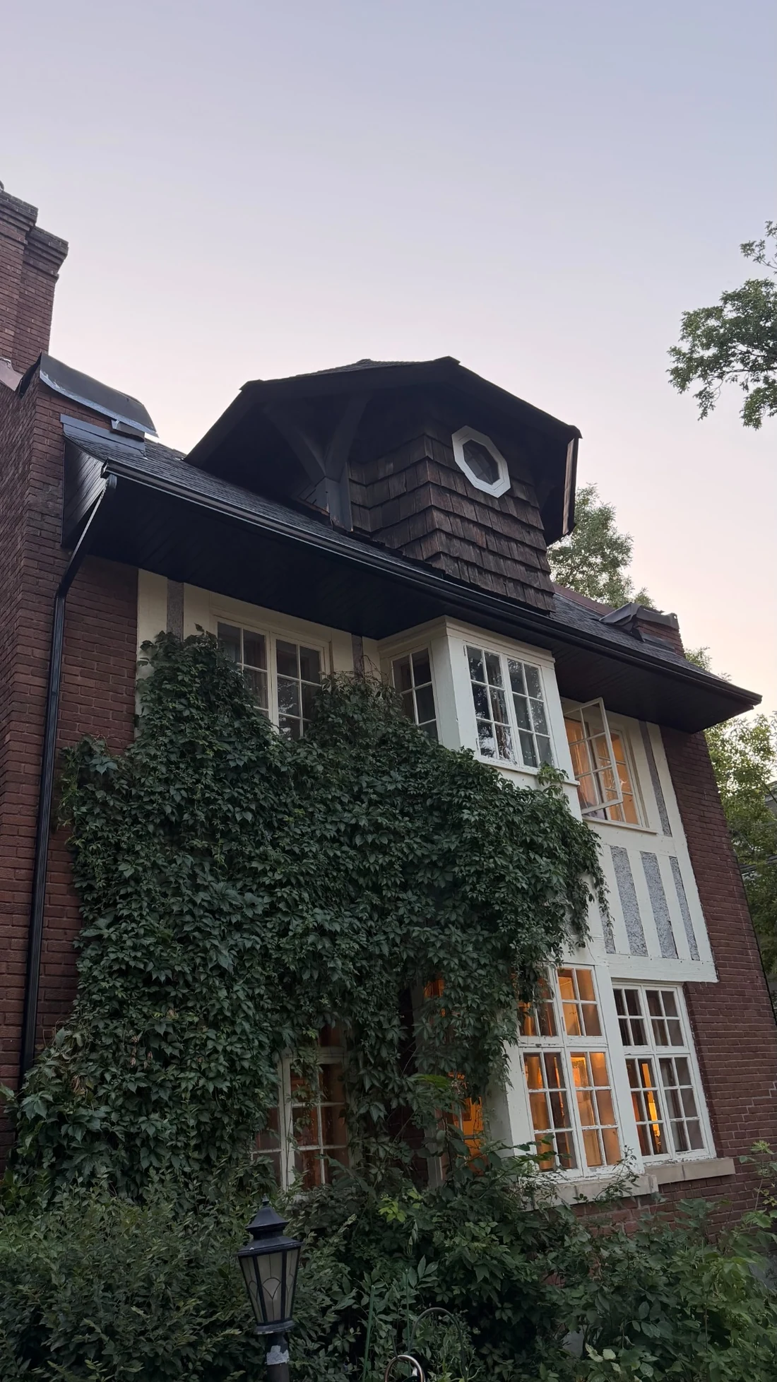 Dark gutters and a downspout on a brick and timber house