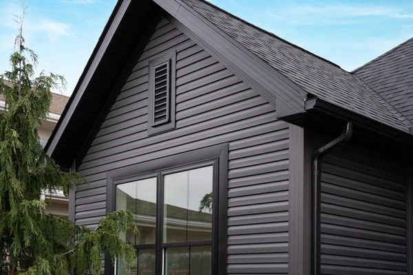 Dark horizontal siding and matching trim on a gabled house